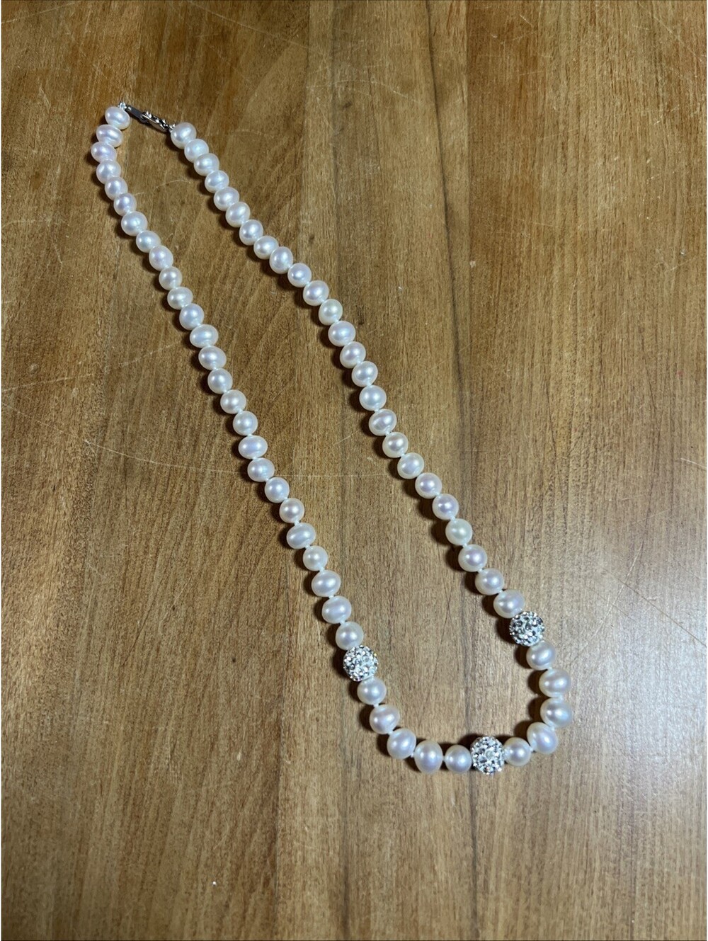 IPS Cultured Pearls Knotted White Sterling Silver Clasp Necklace Crystal Accents